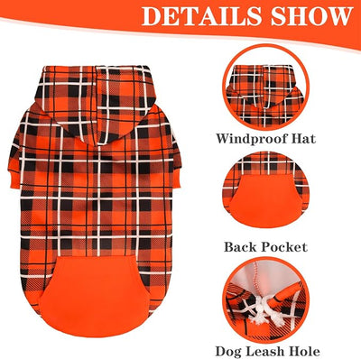 EXPAWLORER Plaid Dog Hoodie - British Style Warm Dog Sweater Shirt with Leash Hole,Pitbull Clothes Outfits,Winter Coat Apparel for All Breeds Puppy Girl Boy-Cat Apparel,Orange Small