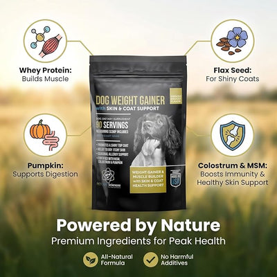 Dog Weight Gainer with Skin & Coat Support - Weight Gain Supplements for Dogs - Canine and Dog Muscle Builder - Protein Powder - High Calorie Food Supplement - 90 Servings