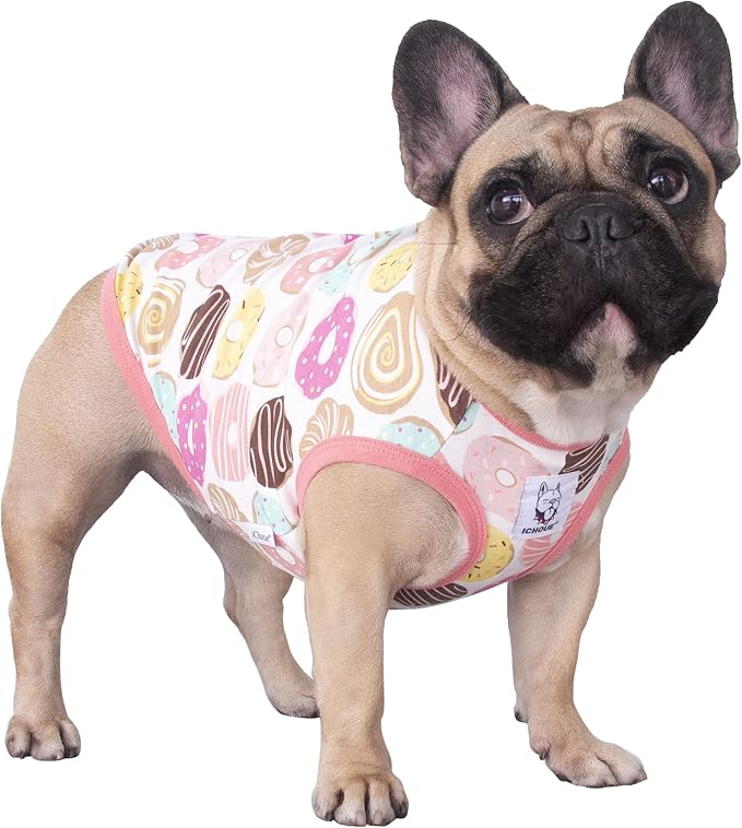 iChoue 100% Breathable Cotton English Bulldog Halloween Cartoon T Shirts Cute Clothes for Medium Large Dogs Vest Tank Tops Terrier Pitbull Donuts - XLarge