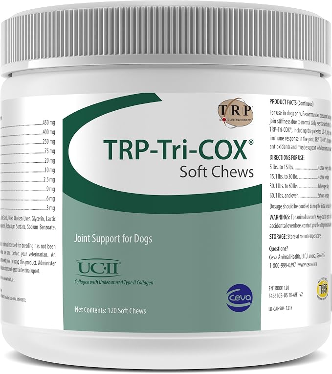 TRP-Tri-COX Soft Chews for Dogs, Hip & Joint Support Supplement with Glucosamine, MSM, UC-II Collagen & Omega-3s, Mobility & Joint Health Support, 120 Soft Chews