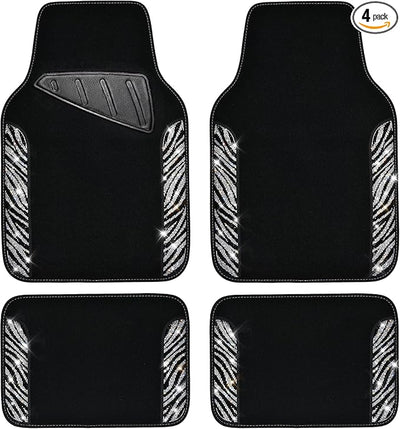 CAR PASS Bling Zebra Car Mats Rhinestones Diamond Waterproof Floor Mat Crystal Sparkly Shining Glitter Carpet Anti-Slip PVC Heel Pad, Universal Fit Automotive SUV,Sedan,4pcs Girly Women, Zebra Diamond