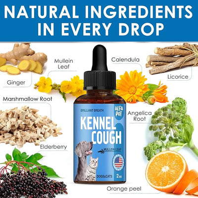 Kennel Cough Medicine for Dogs Helps with Dry, Wet, Barking Cough – Herbal Cat and Dog Cough Medicine Soothes and Calms Irritated Throat, Supports Breathing, Clears Airways – 2-oz Bottle