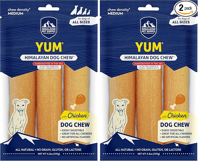 Himalayan Dog Chew Yak Cheese Dog Chews,Lactose Free & Grain Free,USA Made,for All-Dog Breeds,Medium Density Cheese Chew,Resealable Pouch with 3 YUM Treats,Chicken Flavor,(Pack of 2)
