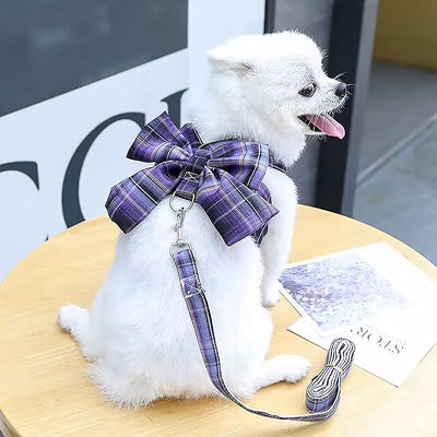 Plaid Dog Dress Bow Tie Harness Leash Set,Dog Clothes Harness Dress with Leash Ring for Small Dogs Girl, Puppy Princess Rabbit Clothes Chihuahua Yorkies Pet Outfits (Purple, XX-Large)