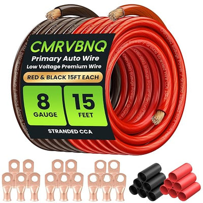 8 Gauge Battery Cable CCA Wire Kit, 15ft Each Red Black with Terminals Heat Shrink Tubes Low Voltage Primary Automotive Power Ground Cable for Car Audio Amp Subwoofer RV Wiring