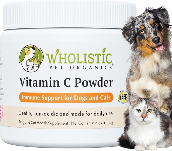 Wholistic Pet Organics Vitamin C Powder for Dogs & Cats - Cat & Dog Allergy & Itch Relief - Vitamin C Immune Support Supplement - Itchy Skin Support for Seasonal Dog Allergy Relief - 4 oz - 113 Scoops