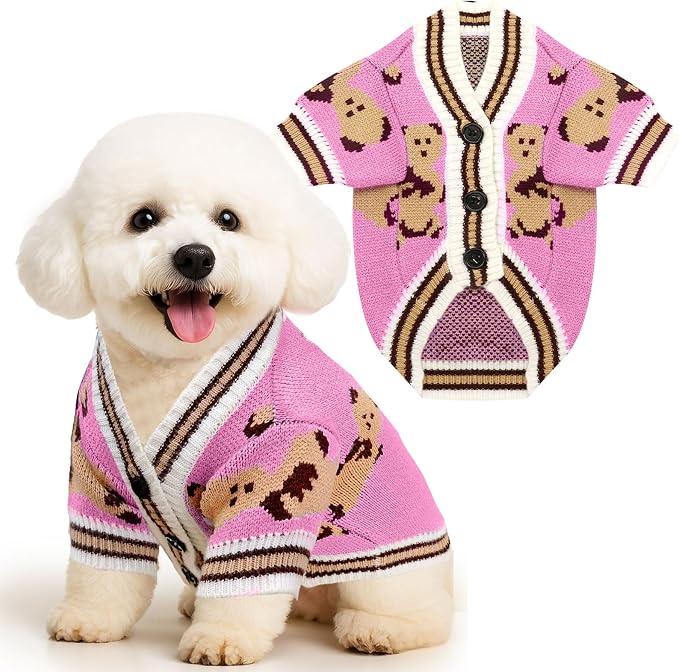 PETCARE Small Dog Sweater Cute Bear Dog Cardigan Coat Clothes for Small Medium Dogs Boy Girl Cat Sweaters Clothes for Cats Only Soft Warm Fall Winter Puppy Knitted Outfits Chihuahua Shih Tzu, Pink