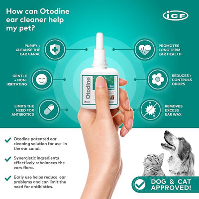 ICF Otodine Dog Ear Cleaner Solution Drops for Itchy Ears, Infections, Head Shaking, Scratching, Wax, Debris & Odor - Tris-EDTA Flush - Gentle & Safe for Cats & Puppies - 100ml