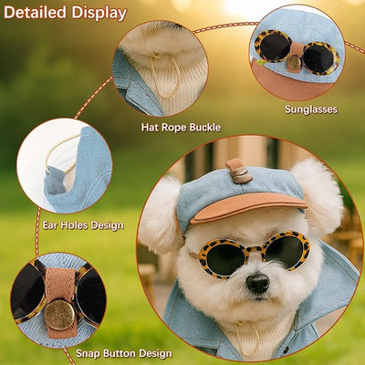 2 Pcs Pet Baseball Cap and Sunglasses, Dog Sun Hat with Ear Holes, Summer Adjustable Buckle Visor Caps for Cats, Small Medium Dogs (Brown, Small)