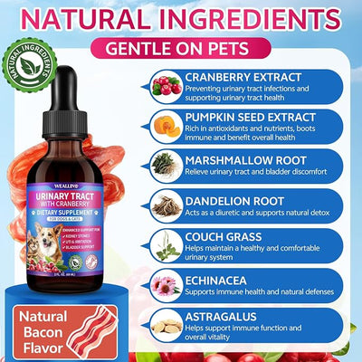 WEALLIN 2 Pack – Cat & Dog Natural Urinary Tract Infection Treatment with Cranberry, Kidney, and Bladder Support Supplement, Support for Urinary Comfort & Bladder Flow – Pet Renal Care Support Drops
