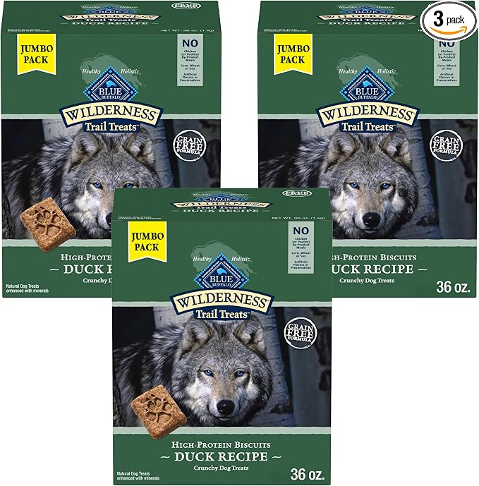 Blue Buffalo Wilderness Trail Treats High Protein Grain Free Dog Biscuits Crunchy Dog Treats, Duck Recipe, 36-oz Box, (Pack of 3)