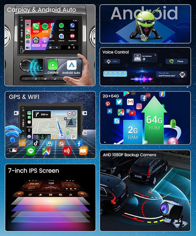 2G 64G Radio for Ford F150 F250 F350 E250 E350 Fusion Edge Explorer Expedition Car Stereo with Wireless Carplay Android Auto 7inch IPS Touchscreen/1280P Backup Camera/WiFi/FM RDS/HiFi/GPS/Bluetooth