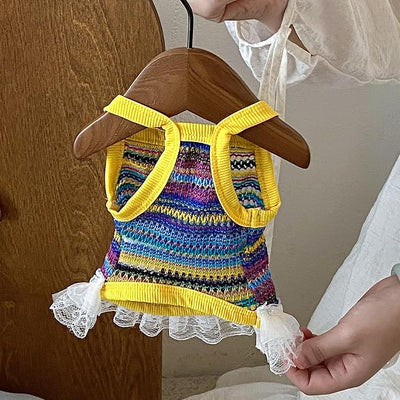 Dog Sling Tank Top with Tulle Skirt, Colorful Striped Pet T-Shirt(Yellow, Small)