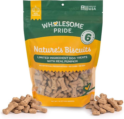 Wholesome Pride Nature's Biscuits Pumpkin Dog Treats, Crunchy All-Natural Bone-Shaped Snacks, Limited Ingredient, Dogs & Puppies, 16 oz