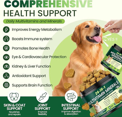 24-in-1 Dog Vitamins and Supplements, Dog Multivitamin Chewable with Chondroitin Probiotics Omega-3 Glucosamine for Dogs Skin Coat Hip and Joint Heart Gut Liver Brain Eye Immune Support, 90 Chews