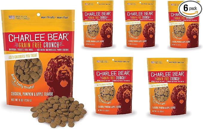 Charlee Bear Crunchy Dog Training Treats, Low Calorie (3 Kcal), Grain Free Natural Mini Treats for Puppies, Small, Medium & Large Dogs, USA Made, Healthy Chicken, Pumpkin & Apple Flavor 8oz (6-Pack)
