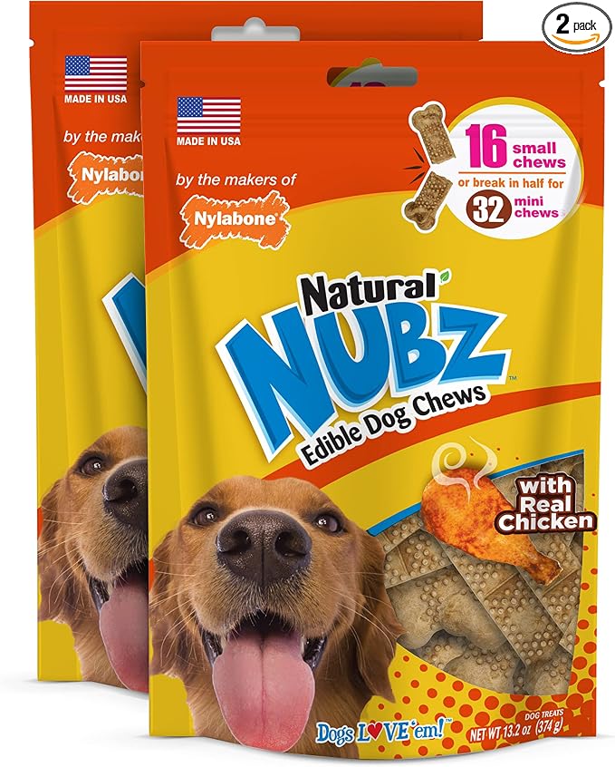 Nylabone Nubz Natural Dog Treats for Small Breeds, Long Lasting Chew Bones Made in USA, Chicken Flavor Breath Freshener Dental Chews, Small Dog Bones, Up to 30 lbs. (32 Count)