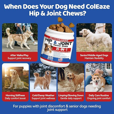 Glucosamine for Dogs Hip and Joint Supplement - 25-in-1 Hip and Joint Chews for Dog with MSM, Green Lipped, Turmeric, Yeast, Omegas, Vitamins| Mobility Support for All Ages & Sizes Dogs,200 ct
