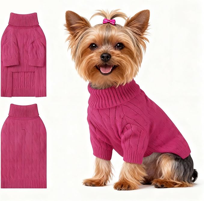 Small Dog Thermal Pullover Sweater, Classic Turtleneck Cable Knitwear Dog Clothes for Cold Weather Warm Pet Clothes for Chihuahua, Bulldog, Dachshund, Pug Hot Pink Small