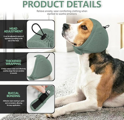 JOHNBOLIN Dog Ear Muffs - No Shake Ear Wrap & Quiet Calming Hoodie, Adjustable Head Snood Cover for Dogs, Noise & Anxiety Relief, Hematoma Protection for Grooming, Bath, Drying, Fireworks (Green, S)