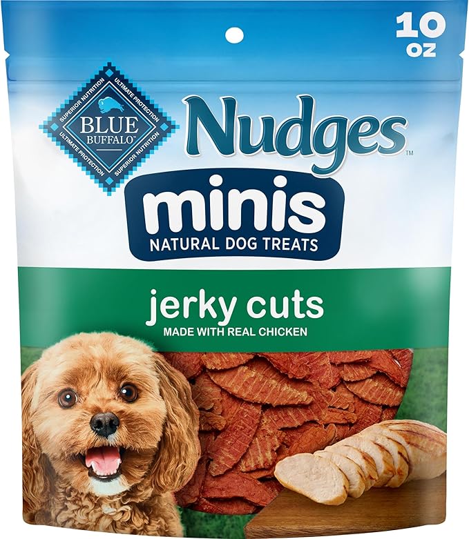 Blue Buffalo Nudges Minis Chicken Jerky Cuts Natural Dog Treats, Bite-Size Meaty Dog Snacks, Healthy Reward or Training Treat, Made in the USA with Real Chicken, No Artificial Preservatives, 10 oz.