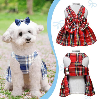 Dog Dress Bowknot Harness Leash Set for Small Dogs Girl Cute Plaid Dog Dress Pearls Bow Tie Spring Summer Princess Clothes Birthday Holiday Doggie Outfits for Puppy Cats Girl Apparel (Red, Medium)