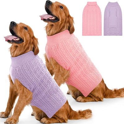 Dog Sweater 2 Pack for Large Dogs, Size XXL, Pink & Purple | Stretchy cable knit turtleneck, machine washable, high belly cut, comfy winter fit for Golden Retriever, Labrador