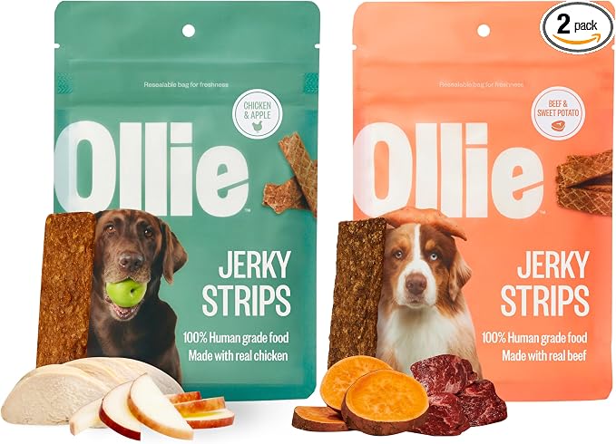 Ollie Jerky Dog Treats Variety Pack, Chicken and Apple and Beef and Sweet Potato Bundle, All Natural, Healthy, Made with Real Meat 5 Oz. Pack of 2