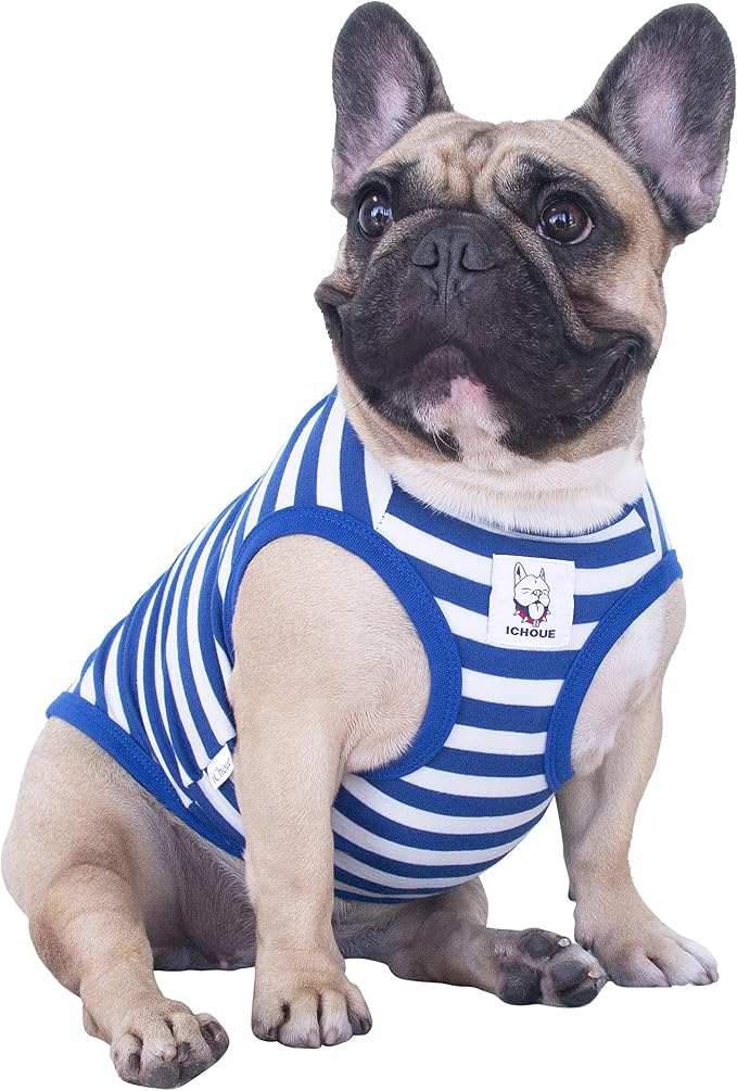 iChoue French Bulldog 100% Breathable Cotton Striped T Shirts Halloween Vest Clothes for Medium Dogs Tank Tops Frenchie Pug English Boston Terrier Pitbull White Blue Stripes - Large Plus