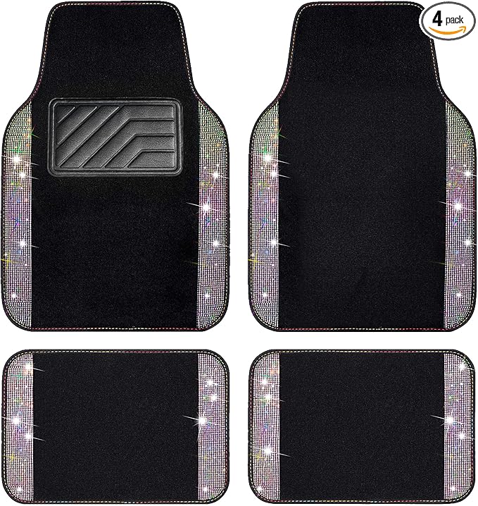 CAR PASS Iridescent Bling Rhinestones Diamond Car Floor Mats Waterproof, Anti-Slip PVC Heel Pad, Universal for Automotive SUV,Sedan,Van,4pcs Girl Women Lady Sparkly Shining Multicolor Colorful Crystal