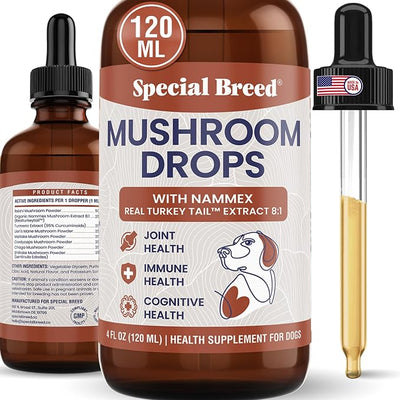 Organic Turkey Tail Mushroom for Dogs - Liquid Mushroom Supplement with Nammex Real Turkey Tail 8:1 - Immune Gut Joint Cognitive Support - Reishi Lion’s Mane Cordyceps Chaga - 120 Servings