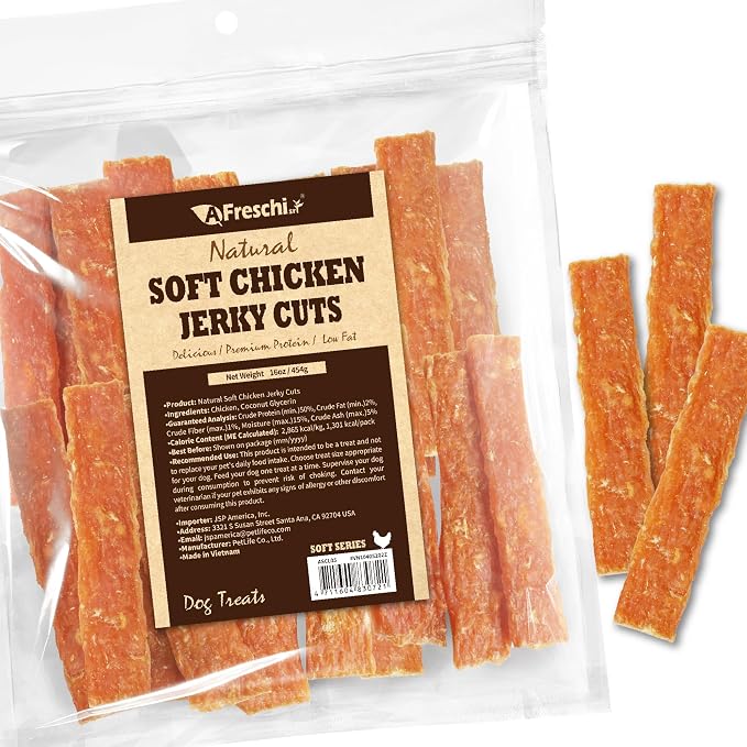 A Freschi srl Soft Chicken Dog Treats, All Natural, High-Protein, Healthy & Easily Digestible, Grain-Free Puppy Chews, Human Grade Training & Rewards Dog Snacks, Jerky Cuts, 16 oz Pack