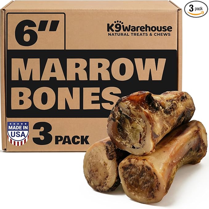 K9warehouse USA Marrow Bones for Dogs, 5-6" Smoked Beef Bone Marrow Dog Treats, 3 Count, All-Natural Real Bones, Long-Lasting Chew for Aggressive Chewers, High-Protein Dental Chews for All Breeds