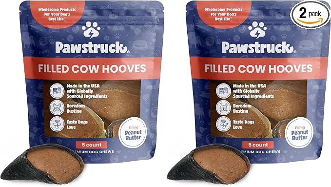 Pawstruck Peanut Butter Filled Cow Hooves for Dogs – Made in USA,Long-Lasting Dental Treats and Chews – Beef Hoof– Packaging May Vary,5 Count (Pack of 2)