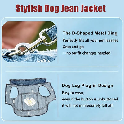 Denim Vest Jacket for Small Medium Dog Clothes Jean Apparel Cute Outfit for Dog Cat Girls Boys Puppy Costume Dog Harness Dress Shirt Chihuahua Yorkie (One Daisy with D Ring, XX-Large)