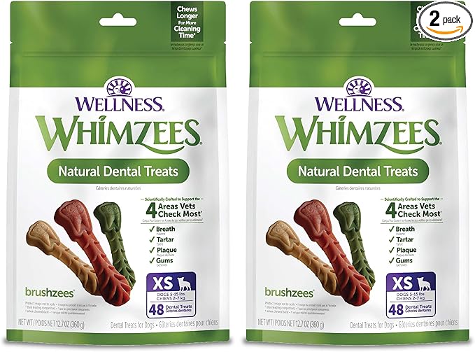 Wellness Whimzees Brushzees Natural Dog Dental Treat, VOHC Accepted Chews, Freshens Breath, Extra-Small Size, 12.7 oz Bag, 48 Count (Pack of 2)