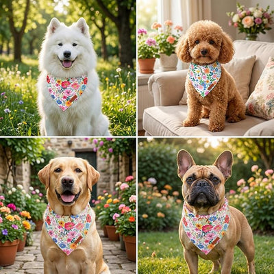 PTDECOR Spring Floral Dog Bandana, Flower Leaves Dog Scarf, Premium Durable Fabric, Adjustable Flower Bandanas for Medium Large Dogs Pets (Large)