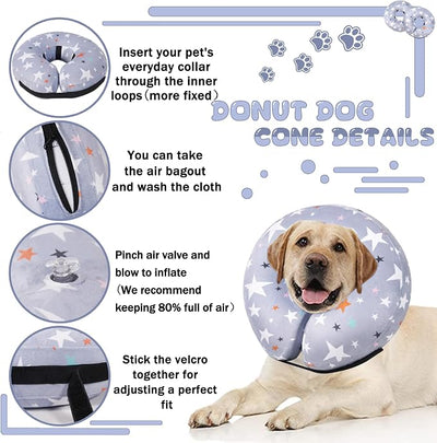 Recovery Donut Collar for Dogs & Cat,Inflatable Dog Cone Collar Alternative After Surgery,Soft Cone for Large Medium Small Dog,Adjustable Pet Neck Donut(Grey Star,X-Large