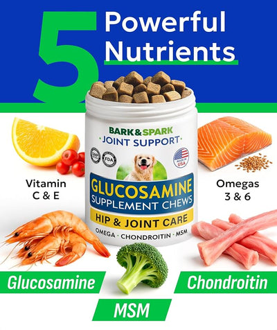 BARK&SPARK Glucosamine Treats for Dogs - Complete Hip and Joint Supplement for Dogs w/Glucosamine, Chondroitin, MSM - Mobility, Flexibility & Comfort Aid - All Breeds & Ages - 180Ct