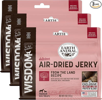 Earth Animal Wisdom Air Dried Jerky - from the Land Recipe Premium Natural Red Meat Jerky Strips Dog Treats - 3 Pack 4 oz Bag