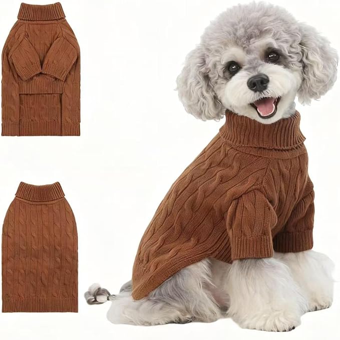 Small/Medium Dog Sweater, Warm Dog Winter Coat w/Sleeves, Comfortable High Neck Premium Dog Clothes for Mini Poodle-Best for Holidays, Daily Walks S Brown