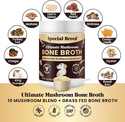 Beef Bone Broth for Dogs - High Protein Powder with Ten Organic Mushrooms & Collagen - Immune, Joint, Digestion & Cognitive Support - Tasty Dog Food Topper - Natural Hydration Booster
