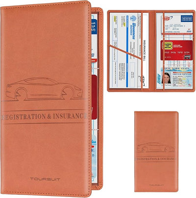 TOURSUIT Car Registration and Insurance Card Holder, Vehicle License Document Glove Box Compartment Organizer, Interior Car Accessories for Women Men (Brown)