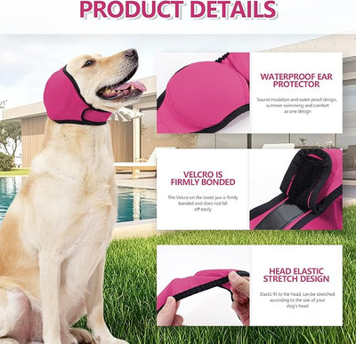 JOHNBOLIN Dog Ear Muffs & No Shake Ear Wrap for Hematoma, Bathing, Drying,Swim& Noise Anxiety Relief - Elastic Waterproof Ear Protector with Calming Hoodie Design for Grooming/Head Ear Cover (Pink, L)