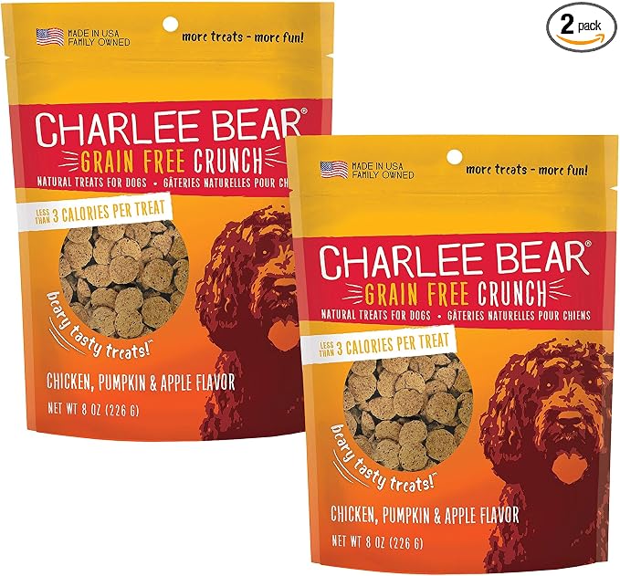 Charlee Bear Crunchy Dog Training Treats, Low Calorie (3 Kcal), Grain Free Natural Mini Treats for Puppies, Small, Medium & Large Dogs, USA Made, Healthy Chicken, Pumpkin & Apple Flavor 8oz (2-Pack)