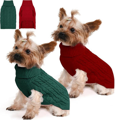 Dog Sweater 2 Pack for Small Dogs, Size XS, Red & Green | Stretchy cable knit turtleneck, machine washable, high belly cut, comfy winter fit for Chihuahua, Yorkie