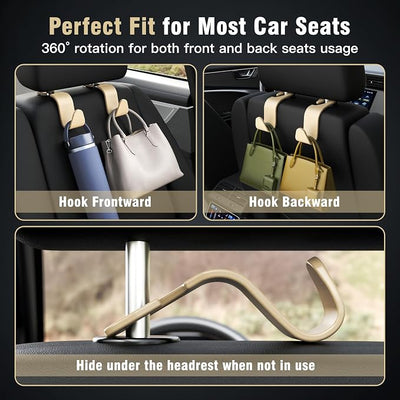 Amooca 4-Pack Car Headrest Hooks Vehicle Storage Organizer for Purses Handbags Groceries Coats –Holds 55lbs 360° Rotating Simple Design Beige