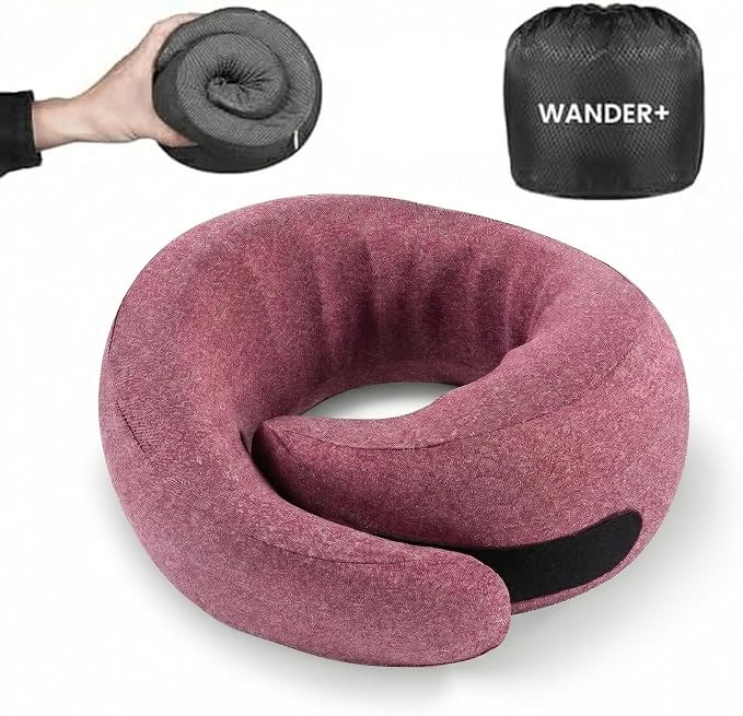 WANDER+ Plus® Travel Pillow, 100% Pure Memory Foam Travel Neck Pillow Airplane Neck Support Ergonomic Design Best for Sleeping Plane Car Train Office Flight for Adults Purple