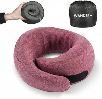 WANDER+ Plus® Travel Pillow, 100% Pure Memory Foam Travel Neck Pillow Airplane Neck Support Ergonomic Design Best for Sleeping Plane Car Train Office Flight for Adults Purple