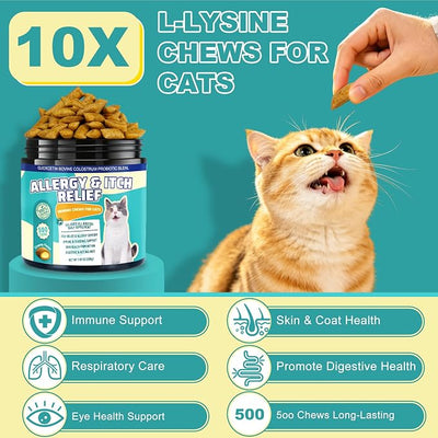 L-Lysine Chews for Cats 500 Chews, with Colostrum & Omega-3s for Soothes Sneezing, Runny Nose & Itchy Skin, for All Ages & Breeds Cats